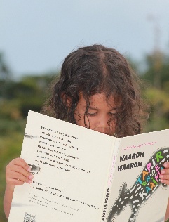 Een kind leest buiten een prentenboek