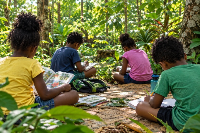 Kinderen lezen en maken opdrachten buiten in de natuur
